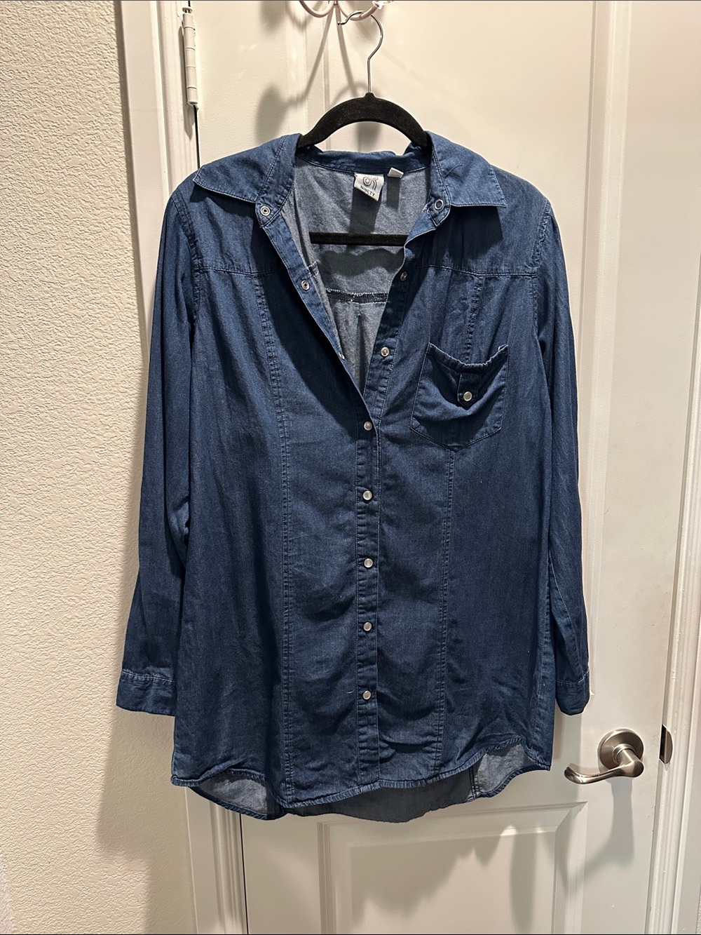 Dark Denim Button-Up Shirt.  Worn as a dress